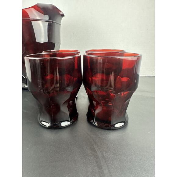Vintage Ruby Red Georgian Honeycomb Viking 4" Glass Pitcher And 4 Tumblers - Picture 6 of 9